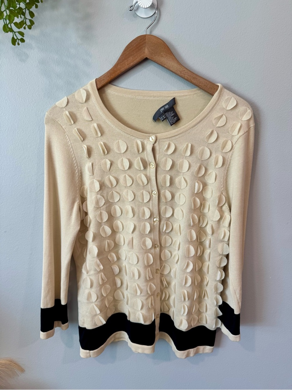 Per Se Cream Cardigan with Black Hem & Cuff Trim Sz M